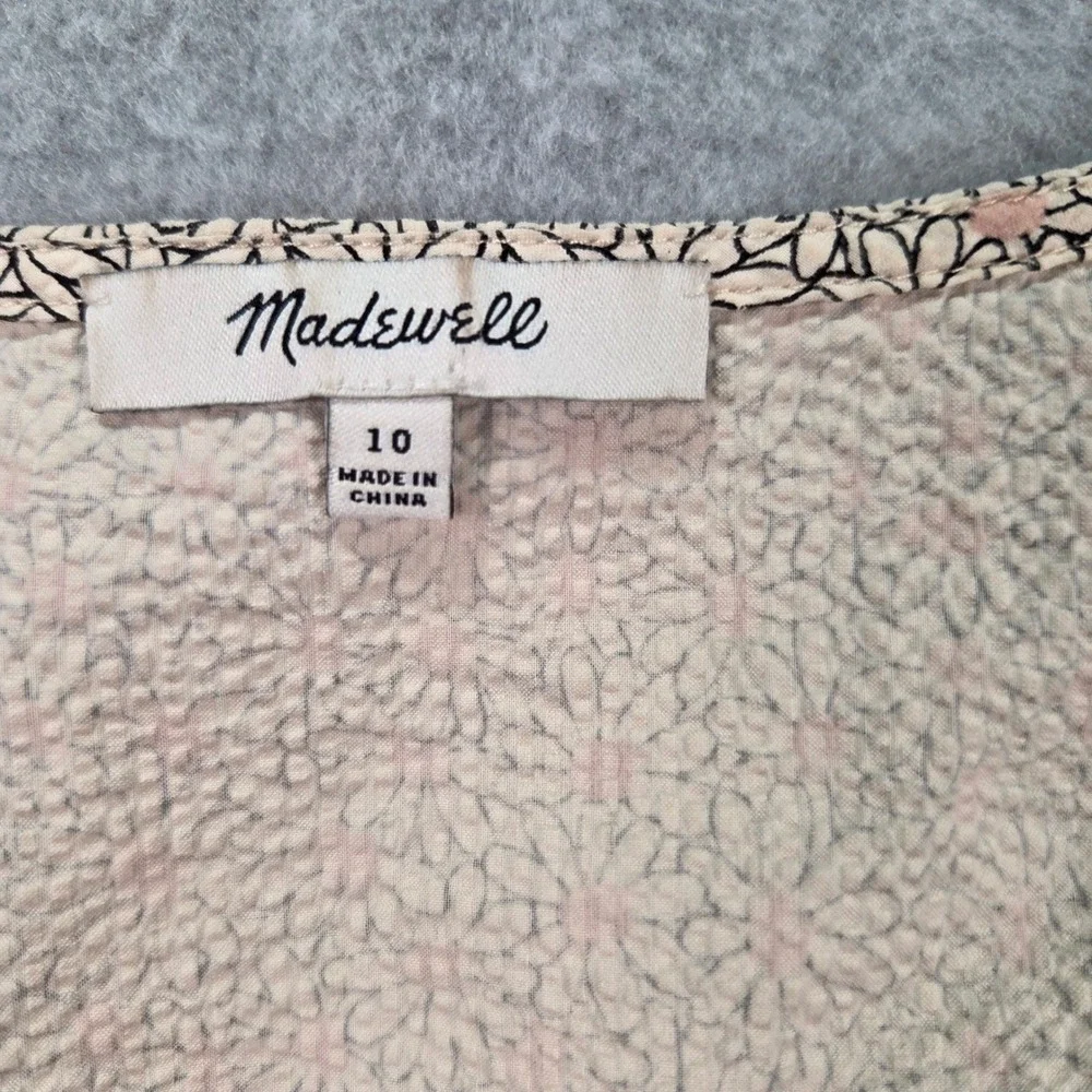 Madewell Button Front Top Women 10 Pink Floral Sleeve V-Neck Seersucker